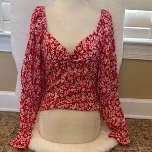 Anthropologie Red and White Floral V-Neck Long Sleeve Blouse